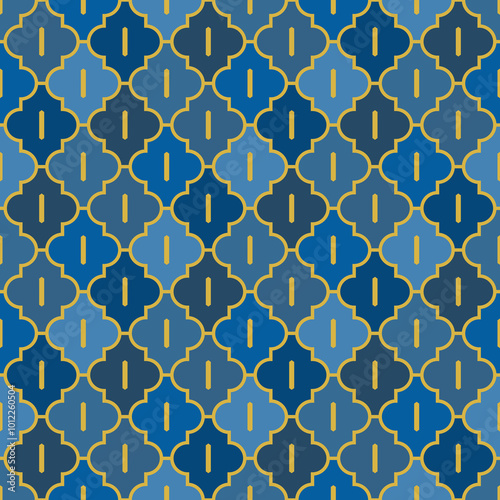 Oriental traditional pattern. Ogee ornament. Repeated maroccan crosses mosaic tiles. Lantern shapes motif. Tracery window wallpaper. Arabesque digital paper, textile print. Seamless surface design