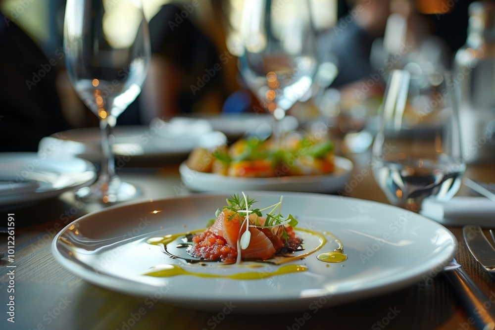 Gourmet dish artfully presented on a table in a restaurant setting. Gourmet dish artfully presented on a table in a restaurant setting.