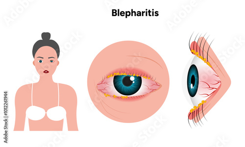 Blepharitis eye disease. Ophthalmology Inflamed sick human eye