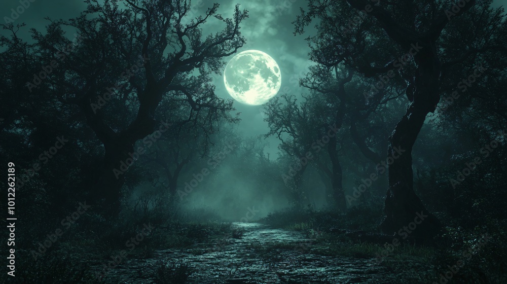 Fototapeta premium Background with night forest and full moon.
