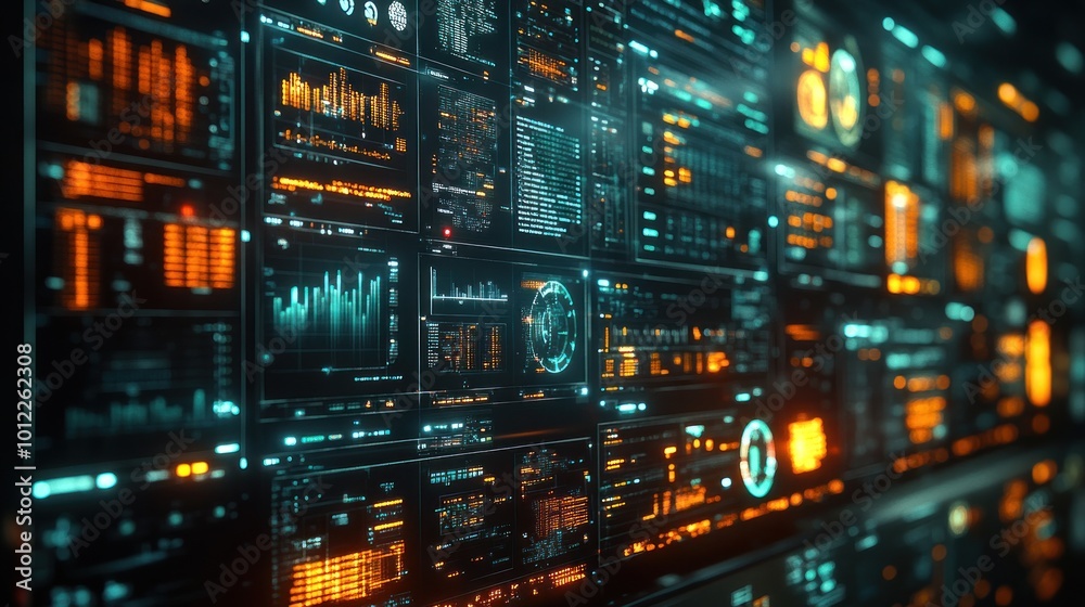 A wall of glowing digital displays with data, charts, and graphs, showing a complex system of information and analysis. A wall of glowing digital displays with data, charts, and graphs, showing a complex system of information and analysis.