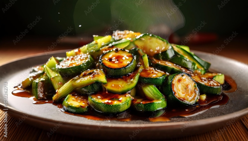 Delicious sauteed zucchini and onions with a savory soy and teriyaki sauce on a rustic plate. Generative AI Delicious sauteed zucchini and onions with a savory soy and teriyaki sauce on a rustic plate. Generative AI