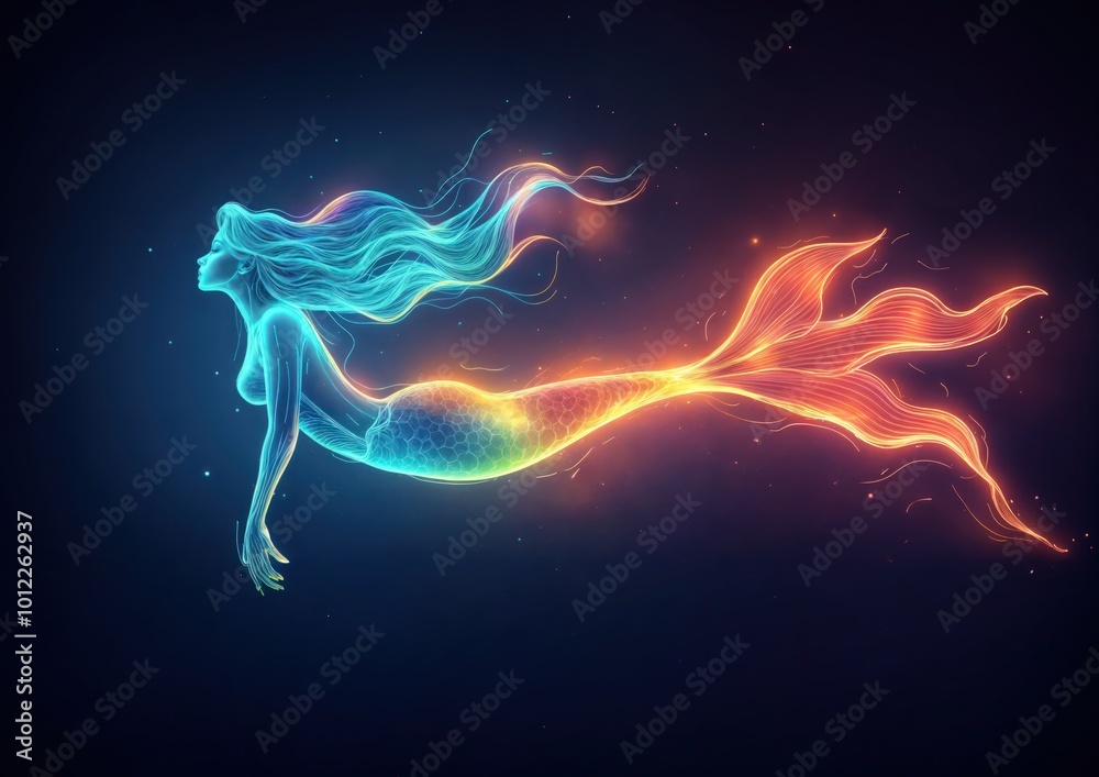Glowing neon mermaid swimming gracefully in the deep ocean, fantasy digital art