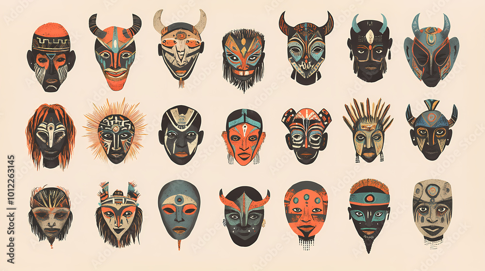 A collection of colorful traditional african tribal masks in various designs, arranged in rows against a beige background. African Tribal Ceremony. Illustration A collection of colorful traditional african tribal masks in various designs, arranged in rows against a beige background. African Tribal Ceremony. Illustration