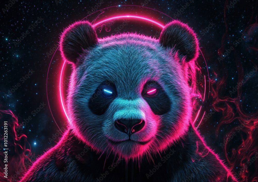 Neon glowing panda in space with bright pink and blue lights, cosmic fantasy art