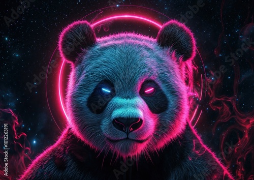 Obraz na płótnie Neon glowing panda in space with bright pink and blue lights, cosmic fantasy art w salonie