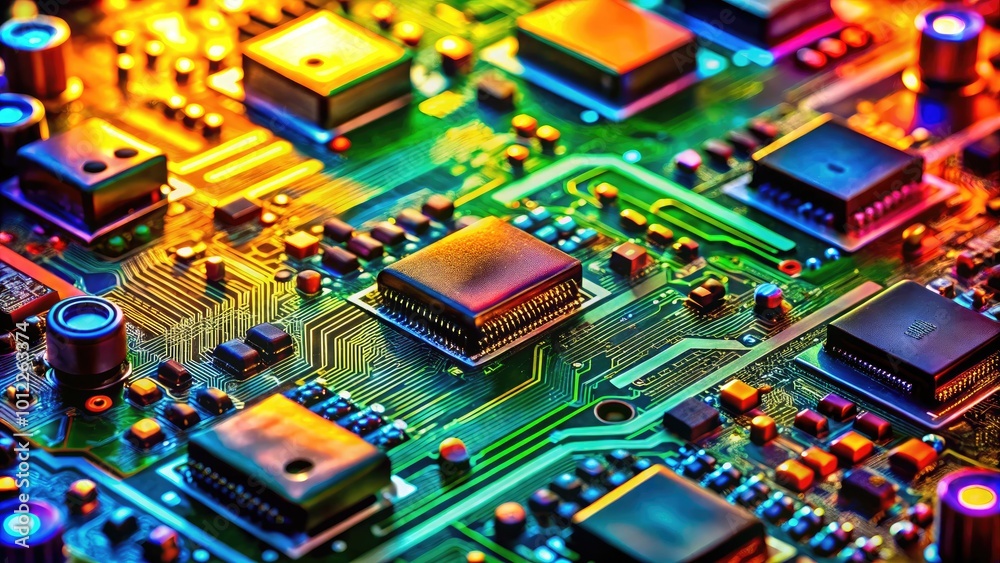 High-Resolution Circuit Board Close-Up with Colorful Components and Intricate Pathways for Technology Use High-Resolution Circuit Board Close-Up with Colorful Components and Intricate Pathways for Technology Use