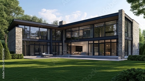 modern house with stone facade, large windows and green lawn generative ai