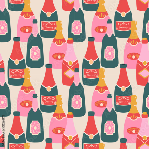 Seamless pattern with champagne bottles in retro style.