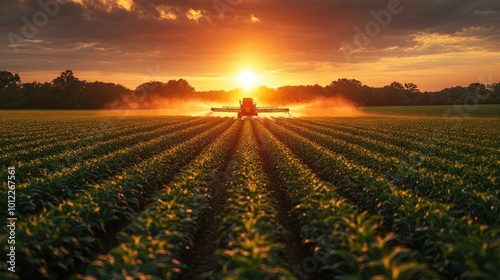 A tractor sprays a field of crops at sunset, with the sun shining directly behind it.