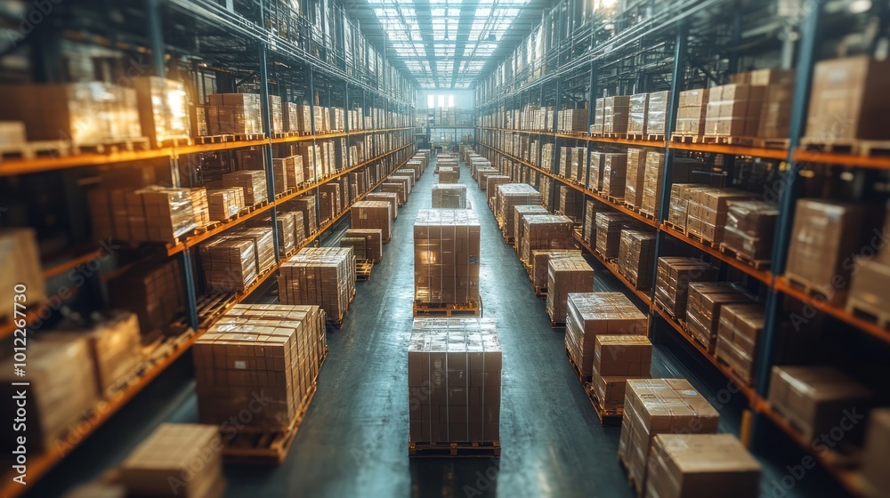 A vast warehouse with rows of high shelves stacked with cardboard boxes. A vast warehouse with rows of high shelves stacked with cardboard boxes.