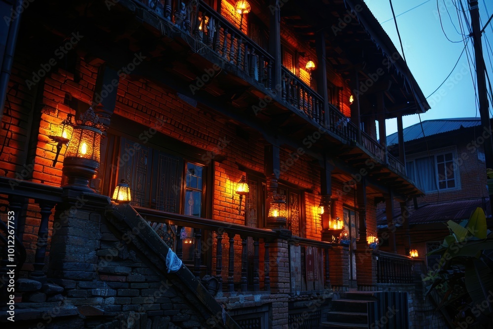 Fototapeta premium Traditional Nepali House Illuminated with Oil Lamps Celebrating Tihar Festival at Dusk