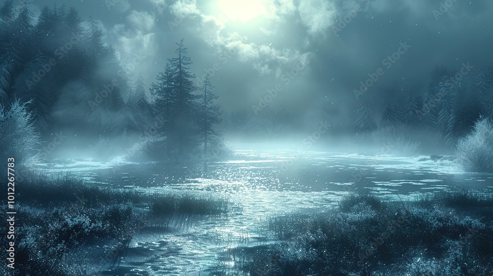 Mystical Moonlight Forest Landscape with Fog and Snow Mystical Moonlight Forest Landscape with Fog and Snow