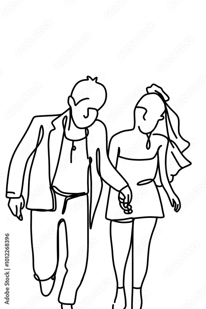 One continuous , of newlyweds holding hands taking pre-wedding One continuous , of newlyweds holding hands taking pre-wedding