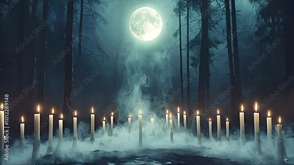 Burning candles slow motion against full moon background. Mysterious night scene. Mystical witch ritual, supernatural spiritual ritual, witchcraft, magic. 