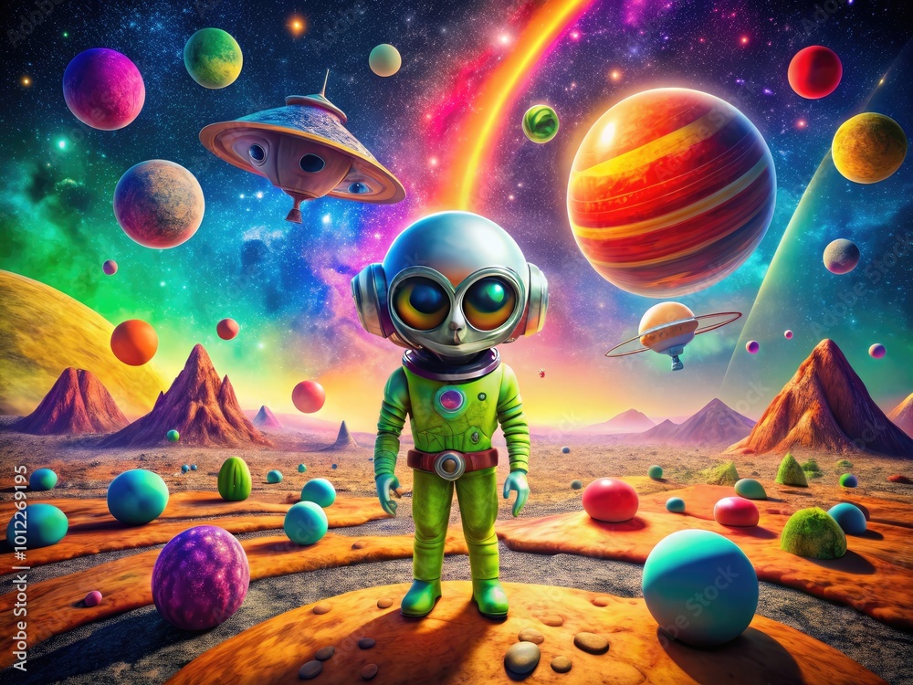 Naklejka premium Humorous Alien Encounter in a Colorful Space Landscape with Whimsical Expressions and Accessories