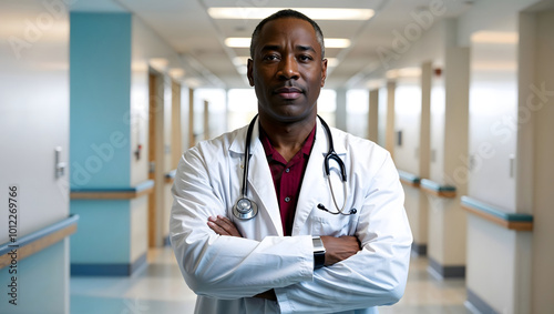 A confident doctor stands in a hospital corridor with arms crossed, ready to help patients. Medicine and health concept