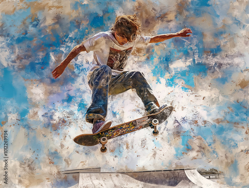 A boy is doing a skateboard trick in the air. The sky is blue and the boy is wearing a white shirt