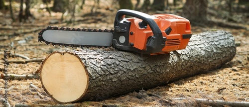 Chainsaw on a log cut in the forest