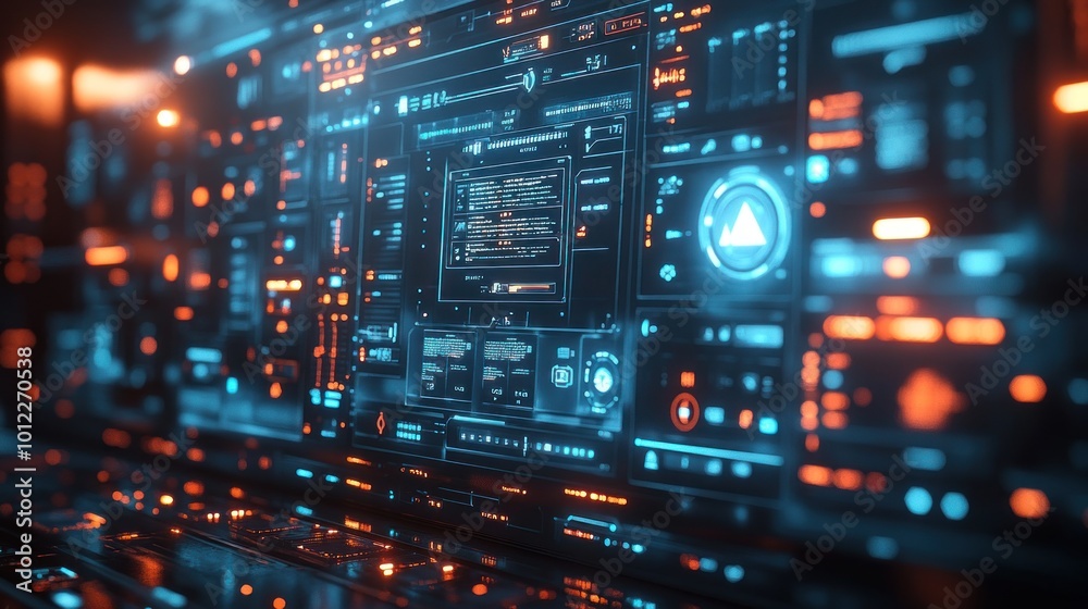 Futuristic digital interface with glowing blue and orange lights. Futuristic digital interface with glowing blue and orange lights.