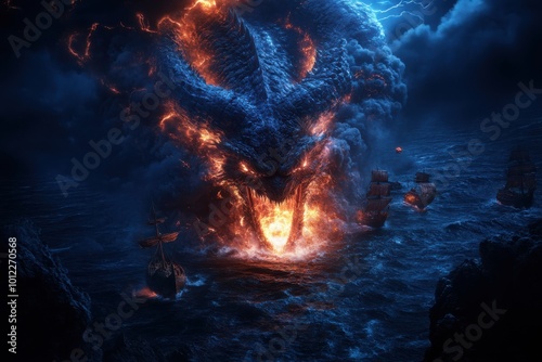 A massive dragon with glowing eyes emerges from the ocean, surrounded by lightning, towering over pirate ships, encapsulating chaos and wonder. photo