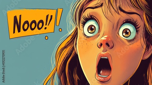 A close-up illustration of a surprised young woman with her mouth open wide and eyes wide with shock.  A speech bubble above her head says 