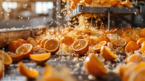 Fresh oranges being processed in a citrus factory setting