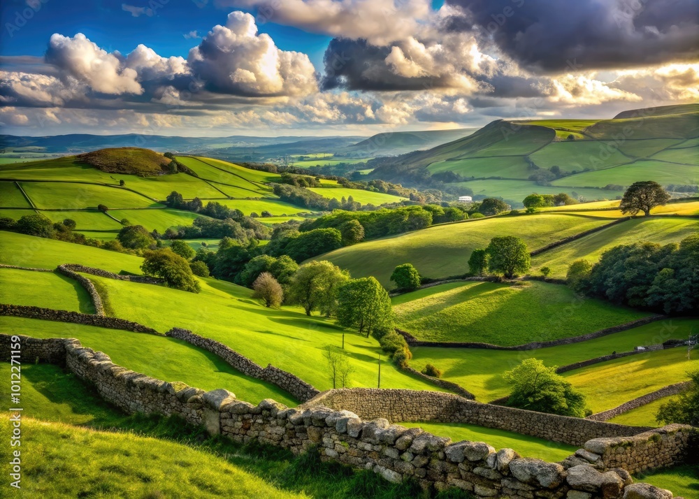 Obraz premium Iconic British Landscape Featuring Rolling Hills, Stone Walls, and Beautiful Green Fields in UK