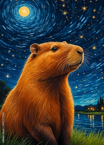 Capybara Starry Night, painting illustration starry sky, decoration wall art,