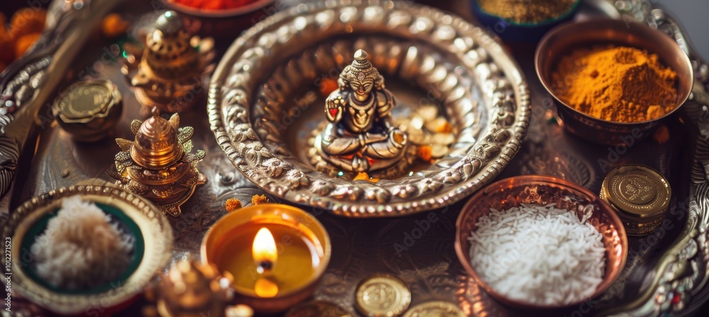 Lakshmi Puja Thali with Diya, Kumkum, Rice Grains, and Golden Coins for Festival Celebration Lakshmi Puja Thali with Diya, Kumkum, Rice Grains, and Golden Coins for Festival Celebration