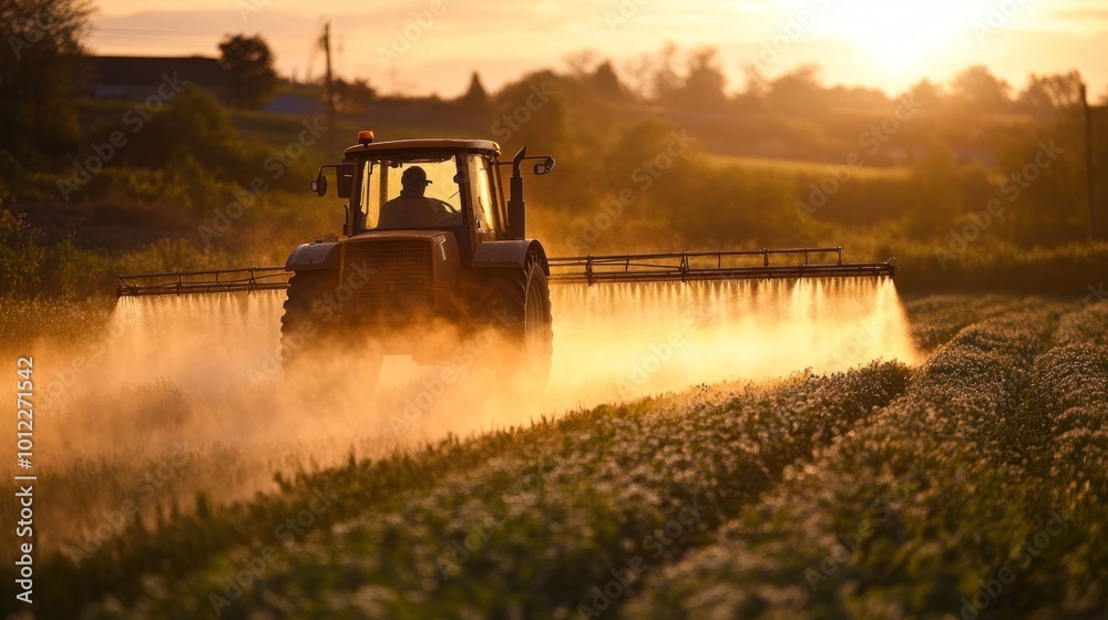Fototapeta premium A tractor sprays crops in a field during sunset, highlighting agricultural practices.