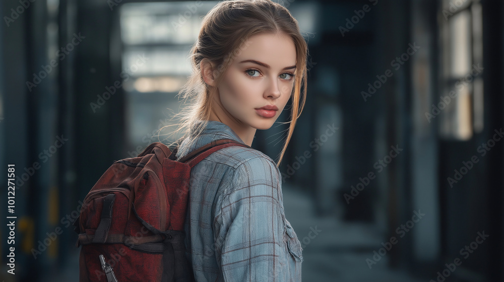 Portrait of pretty young woman with backpack walking by street Portrait of pretty young woman with backpack walking by street