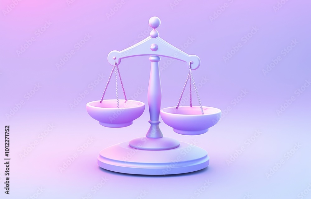 Cute Cartoon Style 3D Rendering of Scales of Justice on a Light Blue Background with a Purple Base Cute Cartoon Style 3D Rendering of Scales of Justice on a Light Blue Background with a Purple Base