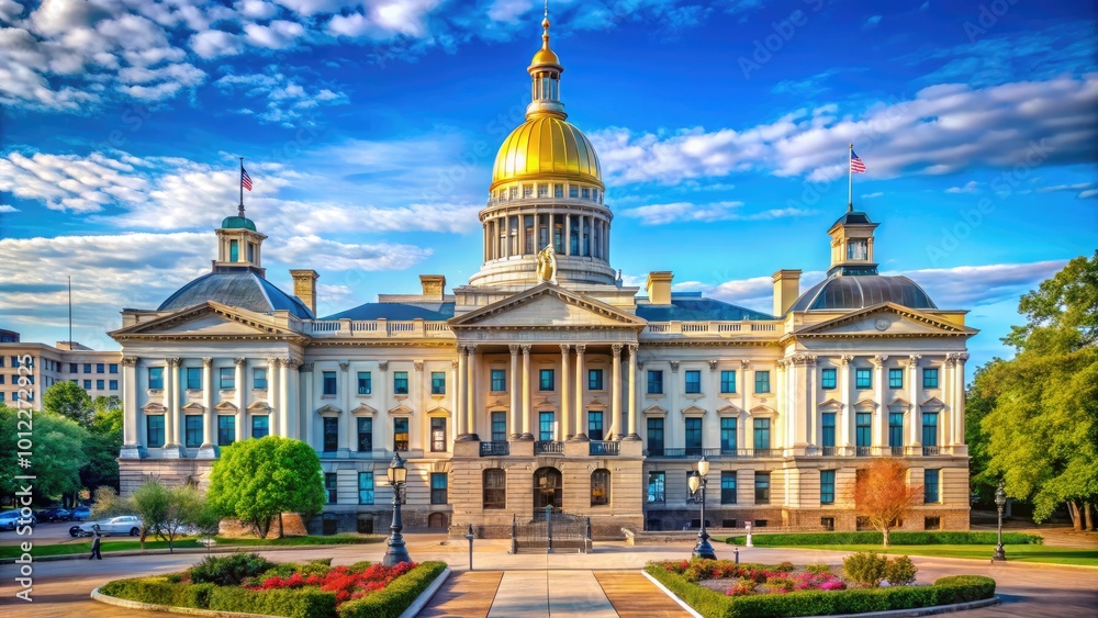 Obraz premium Iconic view of the New Jersey State Capitol building under a clear blue sky in Trenton, NJ