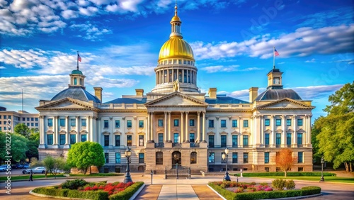 Iconic view of the New Jersey State Capitol building under a clear blue sky in Trenton, NJ