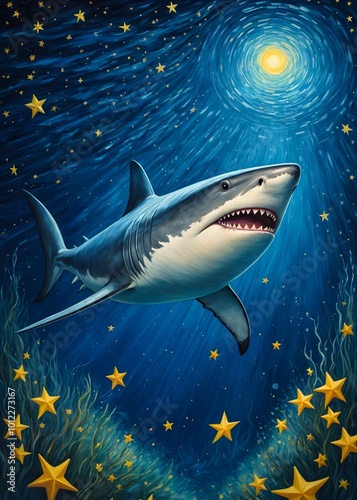 Shark Starry Night, painting illustration starry sky, decoration wall art,