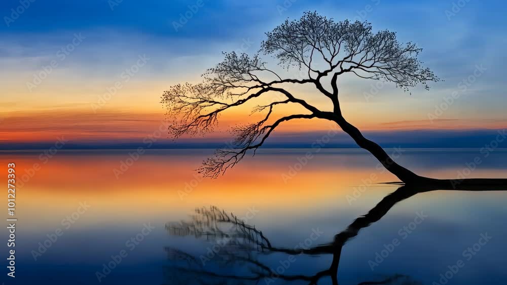 Lonely tree at sunset by tranquil lake, reflection in water. Serenity and nature concept Lonely tree at sunset by tranquil lake, reflection in water. Serenity and nature concept