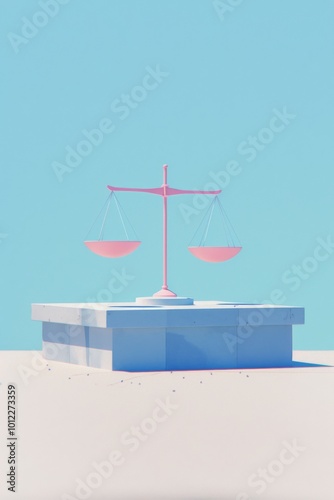 Minimalistic 3D Rendering of Scales of Justice on a Pastel Blue Background, Symbolizing Fairness and Equity in Law and Society.