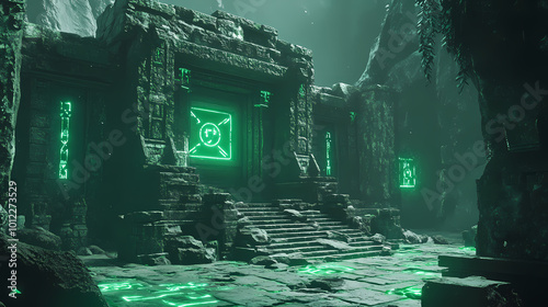 An ancient temple with glowing green symbols. Incan Empire. Illustration photo