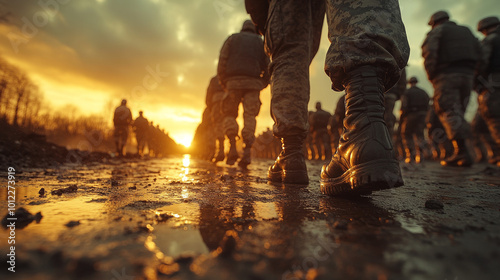 soldiers in boots. a close-up of the boots of a group of soldiers marching down a dirt road