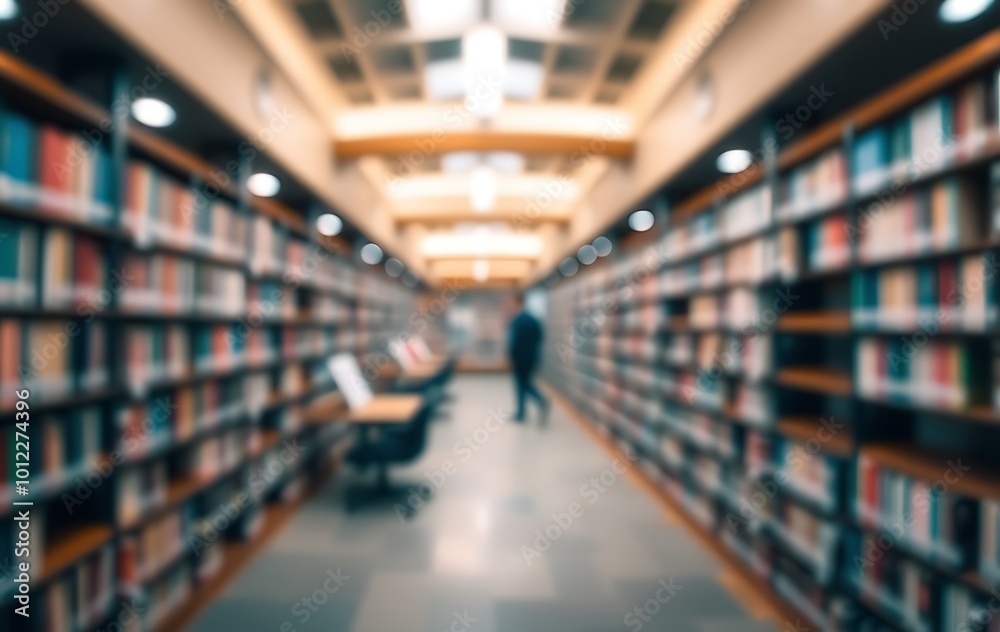 Fototapeta premium Abstract blurred public library interior space. blurry room with bookshelves by defocused effect. use for background or backdrop in business or education concepts