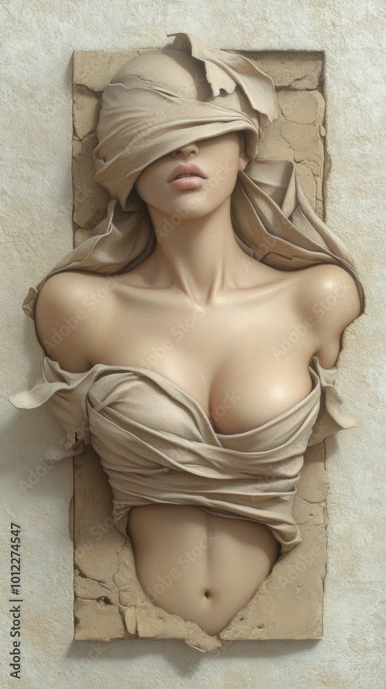 Naklejka premium A bust of a woman with her head covered in plaster, AI