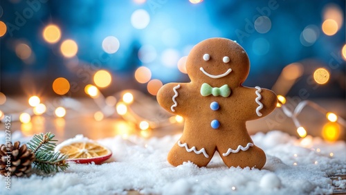 A gingerbread man stands in the snow with twinkling holiday lights.