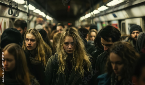 young woman stands in crowded subway train, her serious expression reflecting the busy, focused, anxious energy of commuters during morning rush hour in bustling city