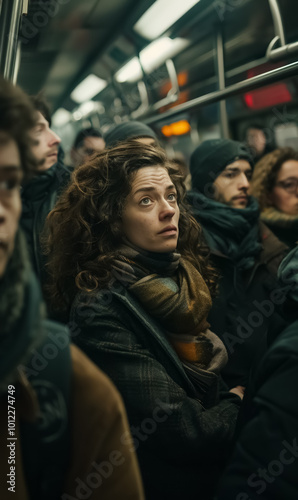 young woman stands in crowded subway train, her serious expression reflecting the busy, focused, anxious energy of commuters during morning rush hour in bustling city