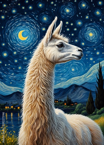 Llama Starry Night, painting illustration starry sky, decoration wall art,