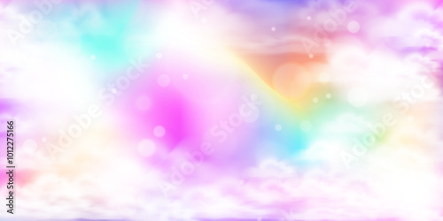 rainbow clouds bokeh portal. Princess party horizontal banner. Unicorn sky background. Stock vector illustration in cartoon realistic style.