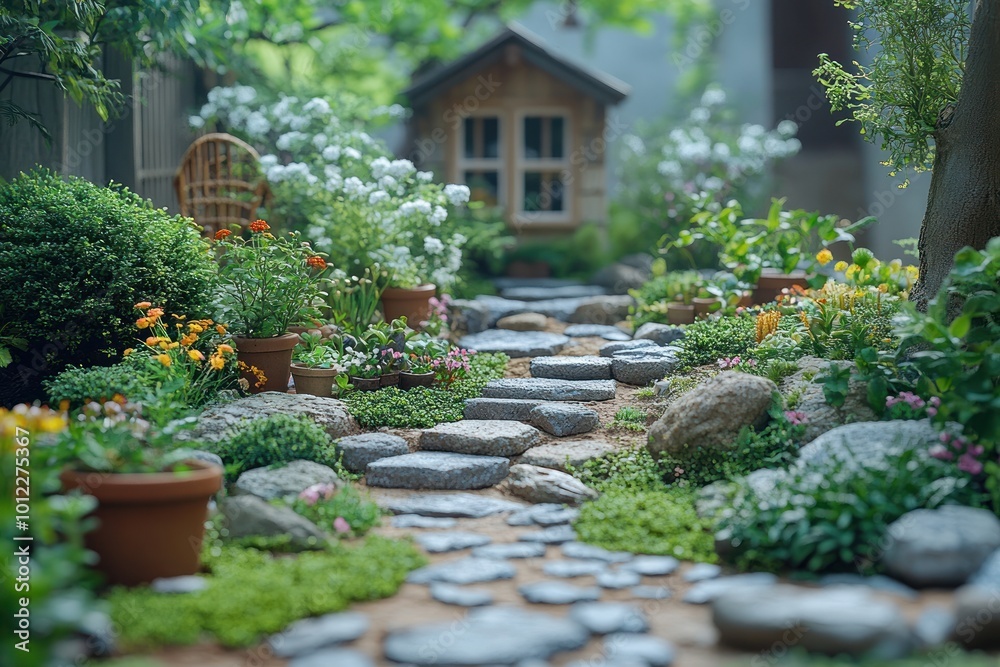 A winding stone path leads through a lush garden with a small wooden house in the background. A winding stone path leads through a lush garden with a small wooden house in the background.