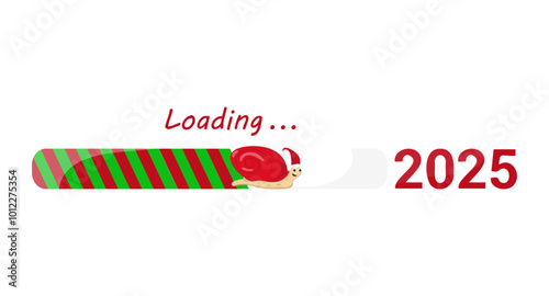 Loading 2025. Loading New Year. Snail in the loading field. Christmas and New Year are coming soon. Christmas mood. Loading. Update. Snail.