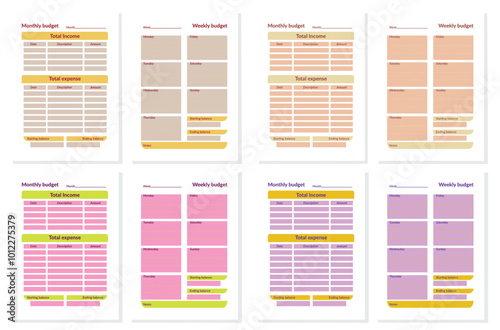 Set of planner pages in different colors. Monthly budget planner. Weekly budget planner. Expenses and finances.